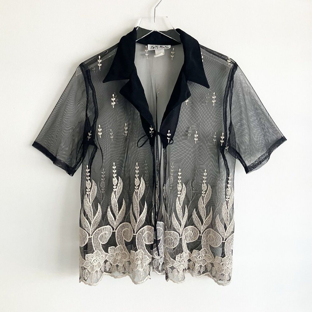 VTG Anna Mesh Lace Top Sz L/XL Black Gold Sheer Collared Tie Short Sleeve Y2K